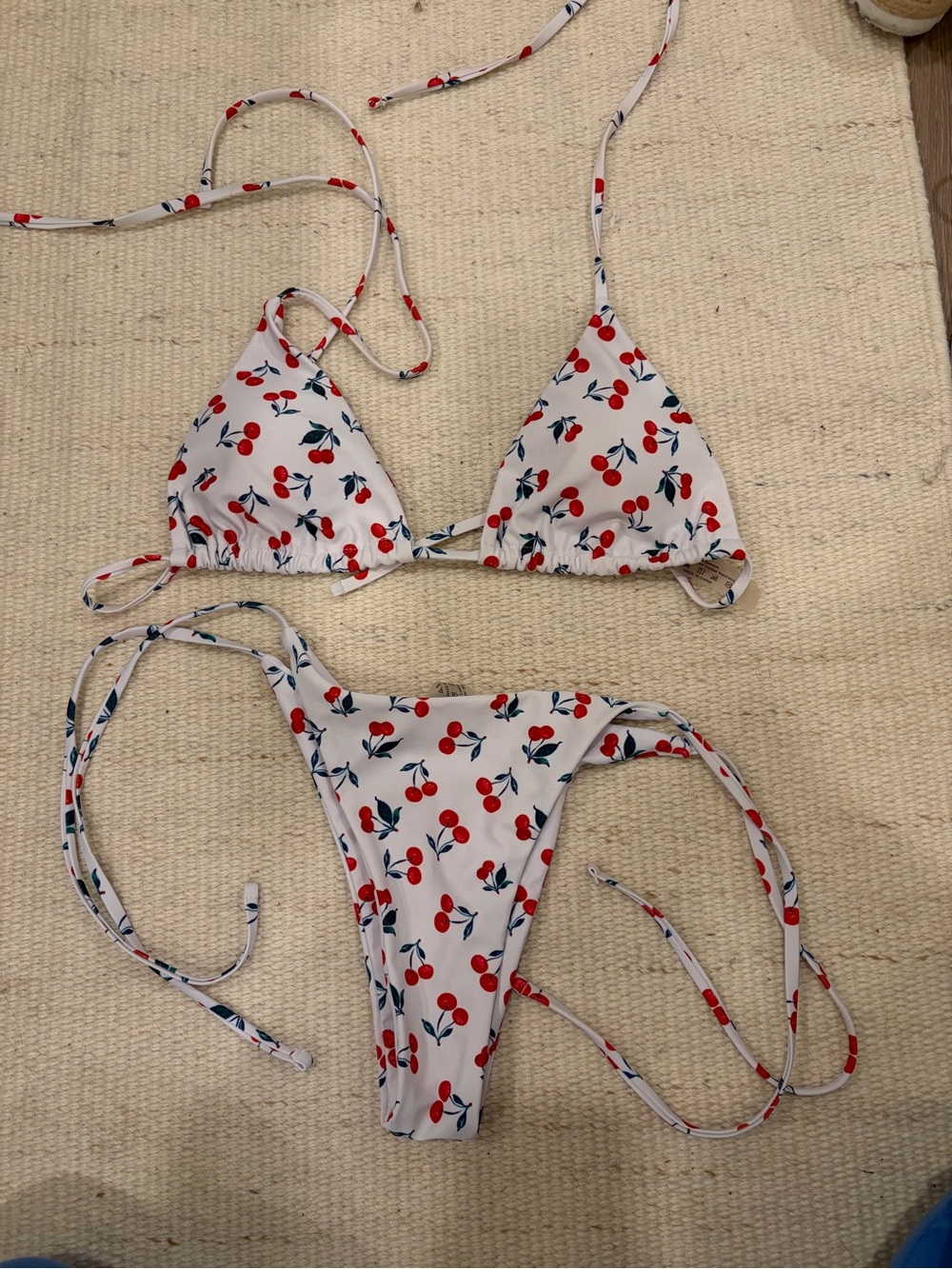 SHEIN White Cherry Print Bikini Set